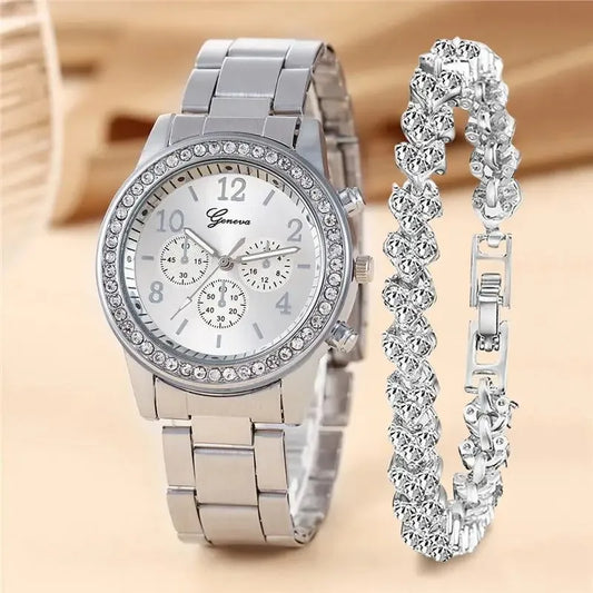 Fashion Luxury Women's Diamond Quartz Bracelet Set Watch Two Piece Set